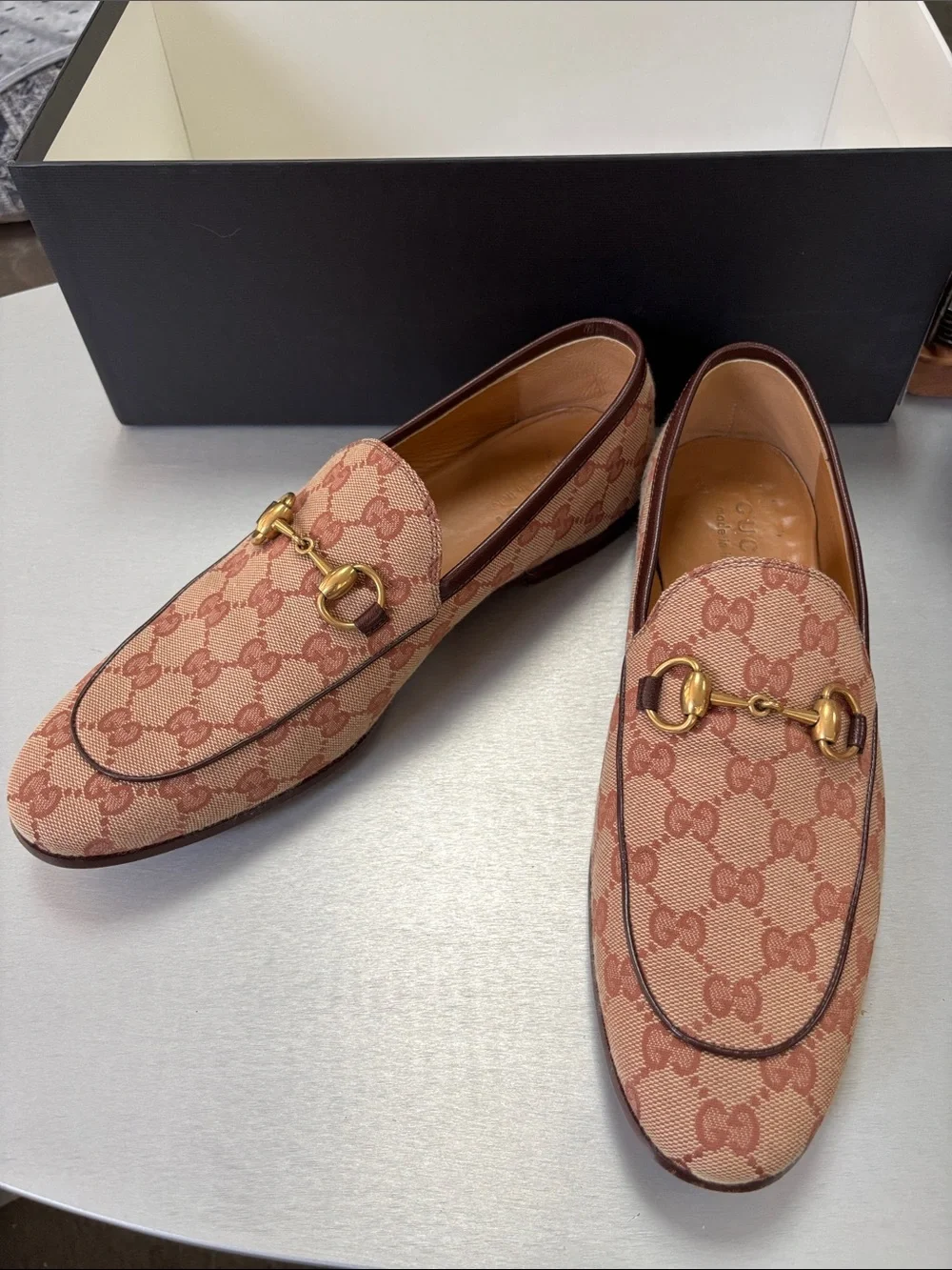 Gucci Men’s Beige/Brown GG Canvas Horsebit Loafers US 8 Authentic